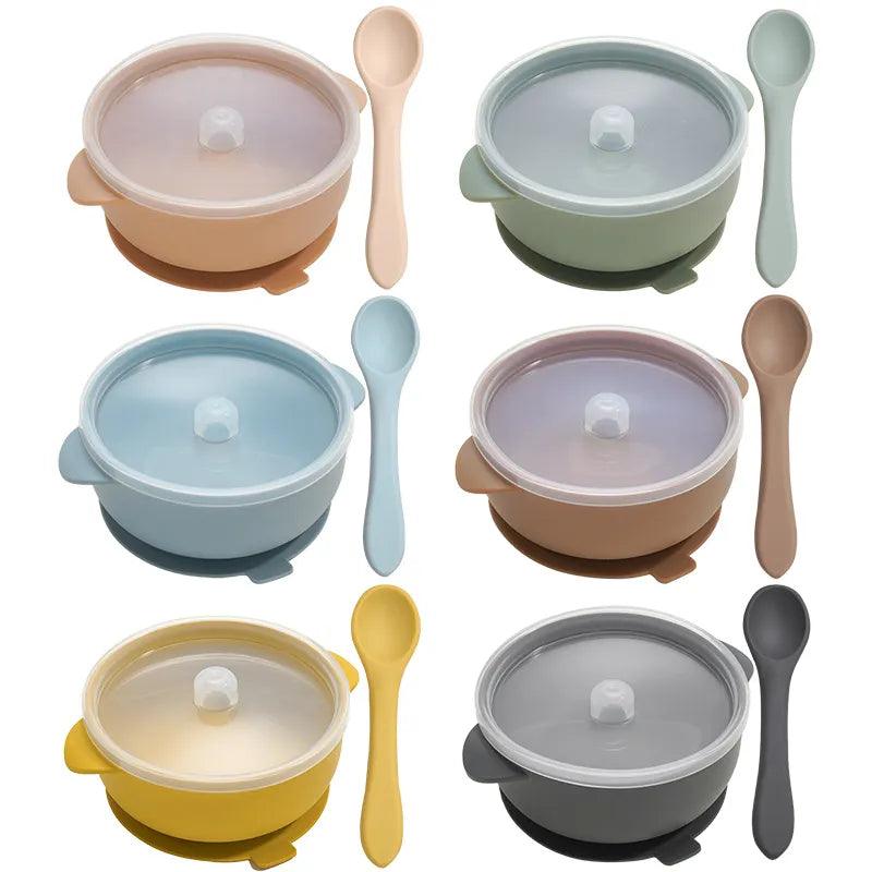 Silicone Essentials: Kid-Proof Non-Slip Bowl with Lid and Spoon - Petite Cove 