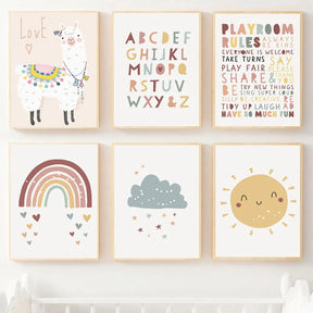 Boho-Chic Nursery Wall Art | 'Alpaca Skies': Alphabet & Rainbow Canvas Collection - Petite Cove 