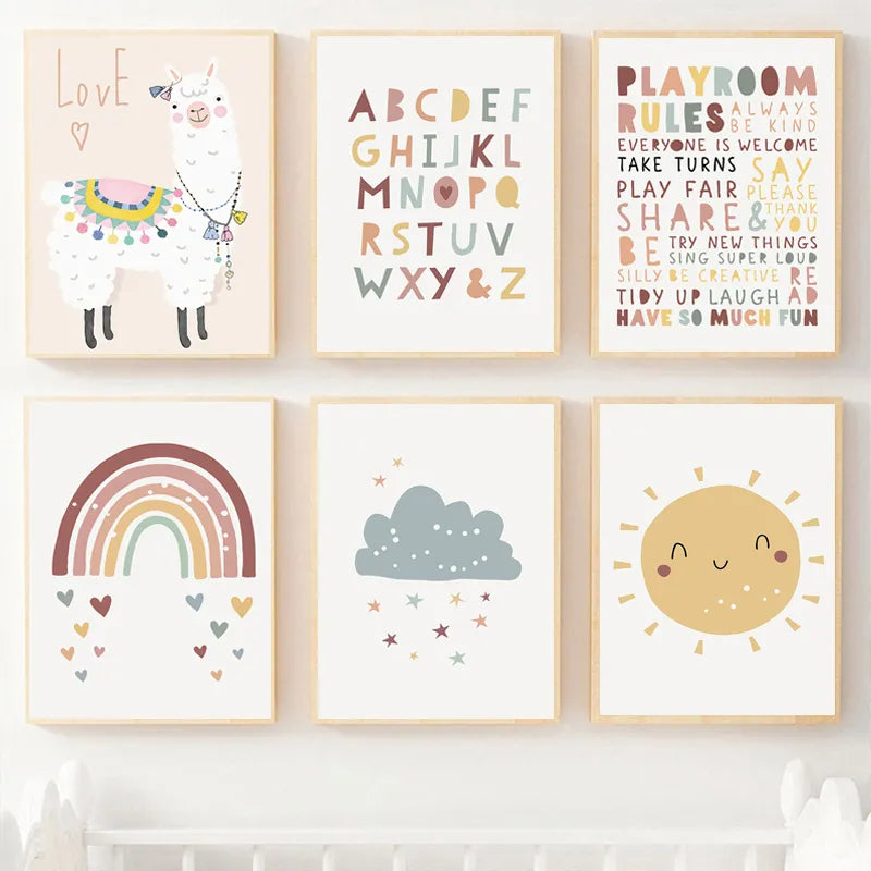 Boho-Chic Nursery Wall Art | 'Alpaca Skies': Alphabet & Rainbow Canvas Collection - Petite Cove 