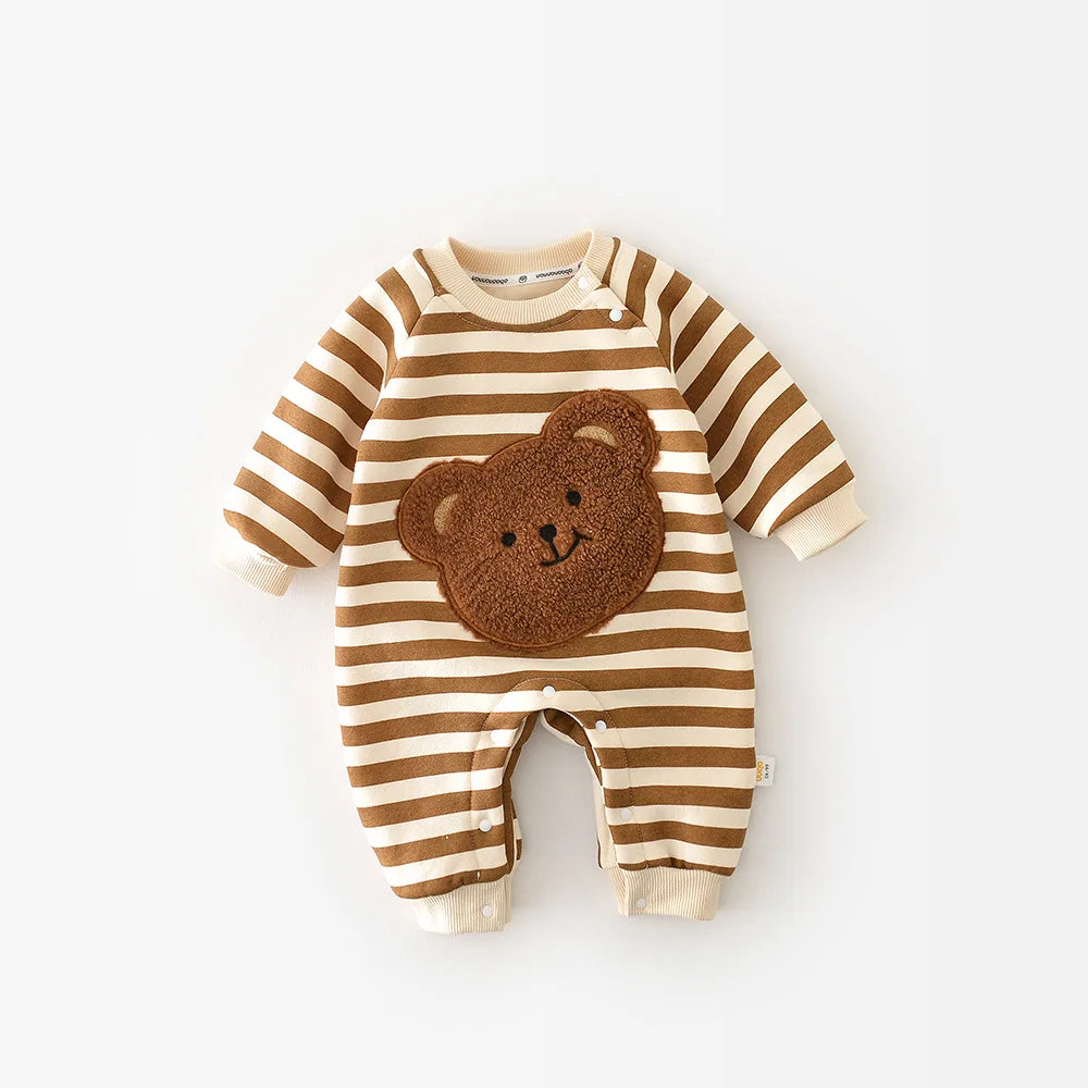 Bear Hug Romper: Warm, Striped Baby Jumpsuit with Thick Lining - Petite Cove 