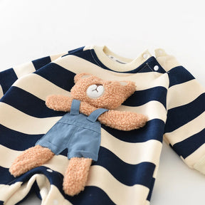 Bear Hug Romper: Warm, Striped Baby Jumpsuit with Thick Lining - Petite Cove 