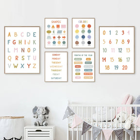 Boho-Chic Nursery Wall Art | 'Learning Fun': Alphabet, Numbers, Colors & Shapes Educational Canvas - Petite Cove 