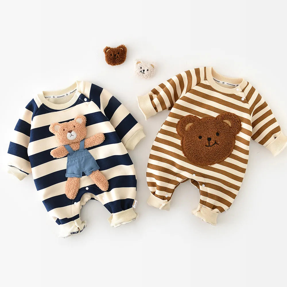 Bear Hug Romper: Warm, Striped Baby Jumpsuit with Thick Lining - Petite Cove 