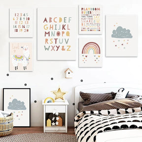 Boho-Chic Nursery Wall Art | 'Alpaca Skies': Alphabet & Rainbow Canvas Collection - Petite Cove 