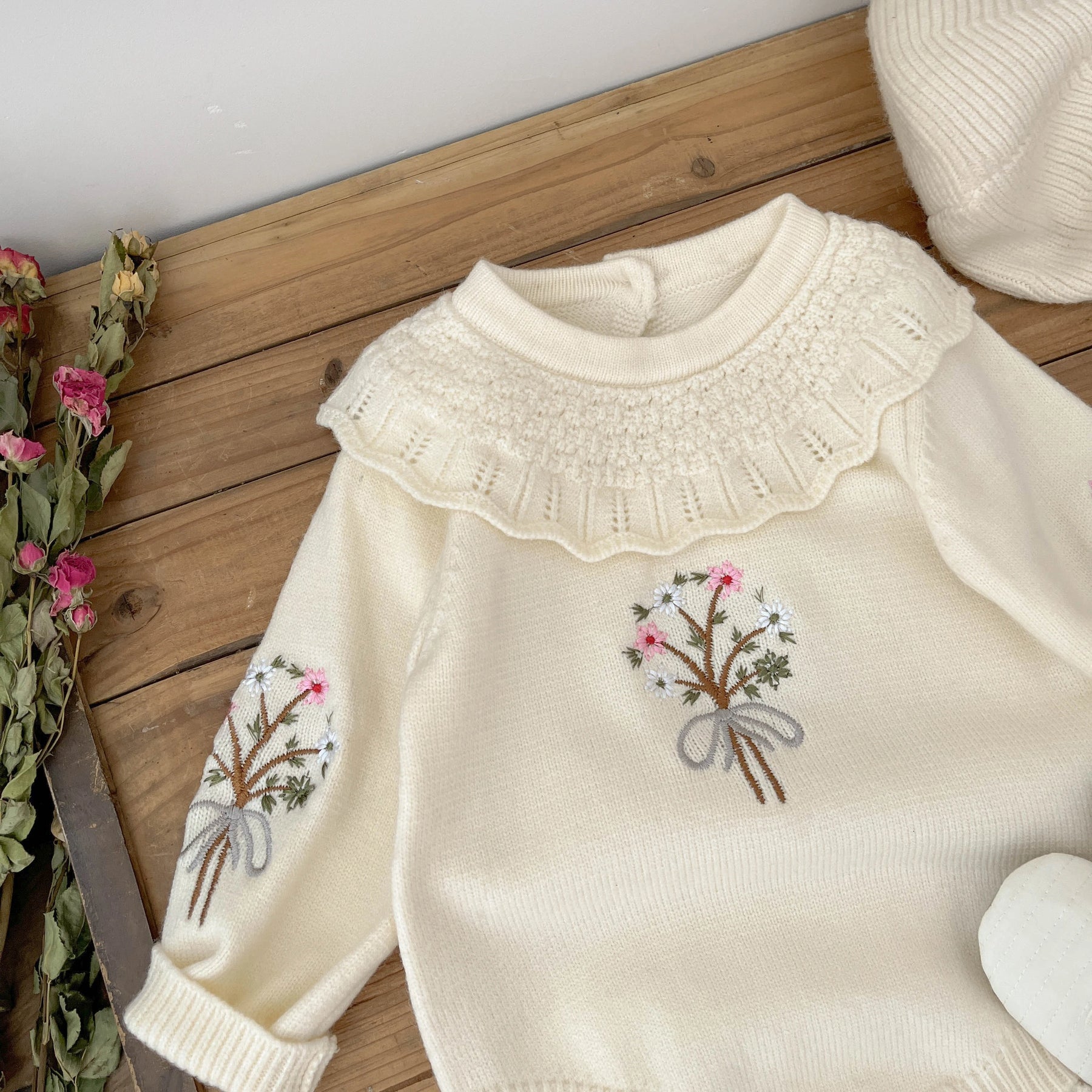 'Bouquet Embroidered' Knit Romper - Petite Cove 