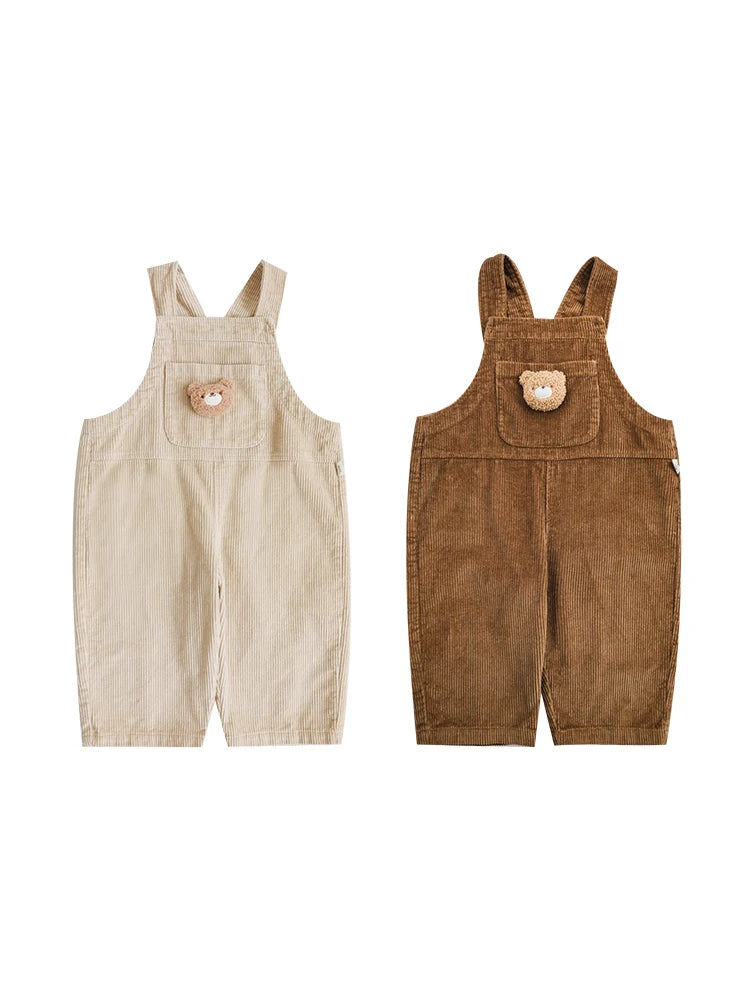 Petite Bear Corduroy Flap Pocket Front Overalls | Brown - Petite Cove 