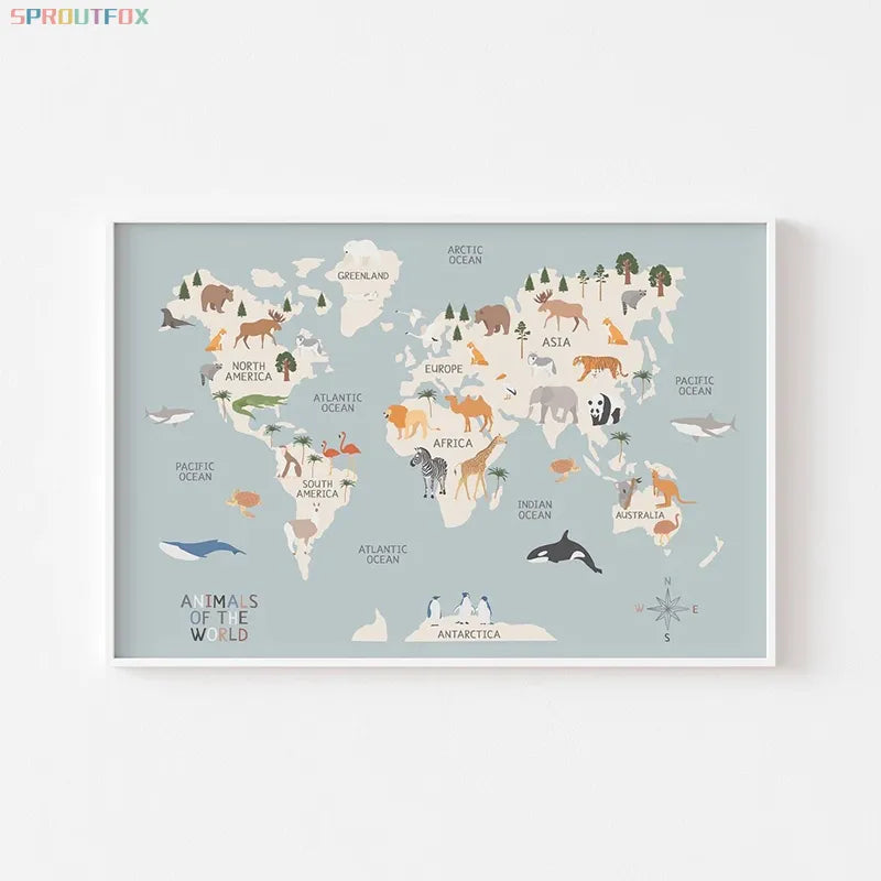 Boho-Chic Nursery Wall Art | 'Little Explorer': World Map & Animal Canvas - Petite Cove 