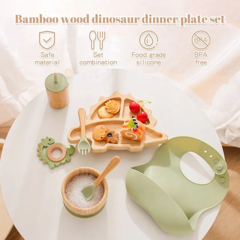 Dino Feast 7-Piece Bamboo Dinner Set: Eco-Friendly Baby Tableware - Petite Cove 