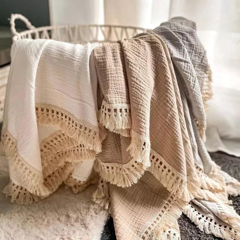 Boho-Chic Tassel Cotton Muslin Swaddle for Newborns - Petite Cove 