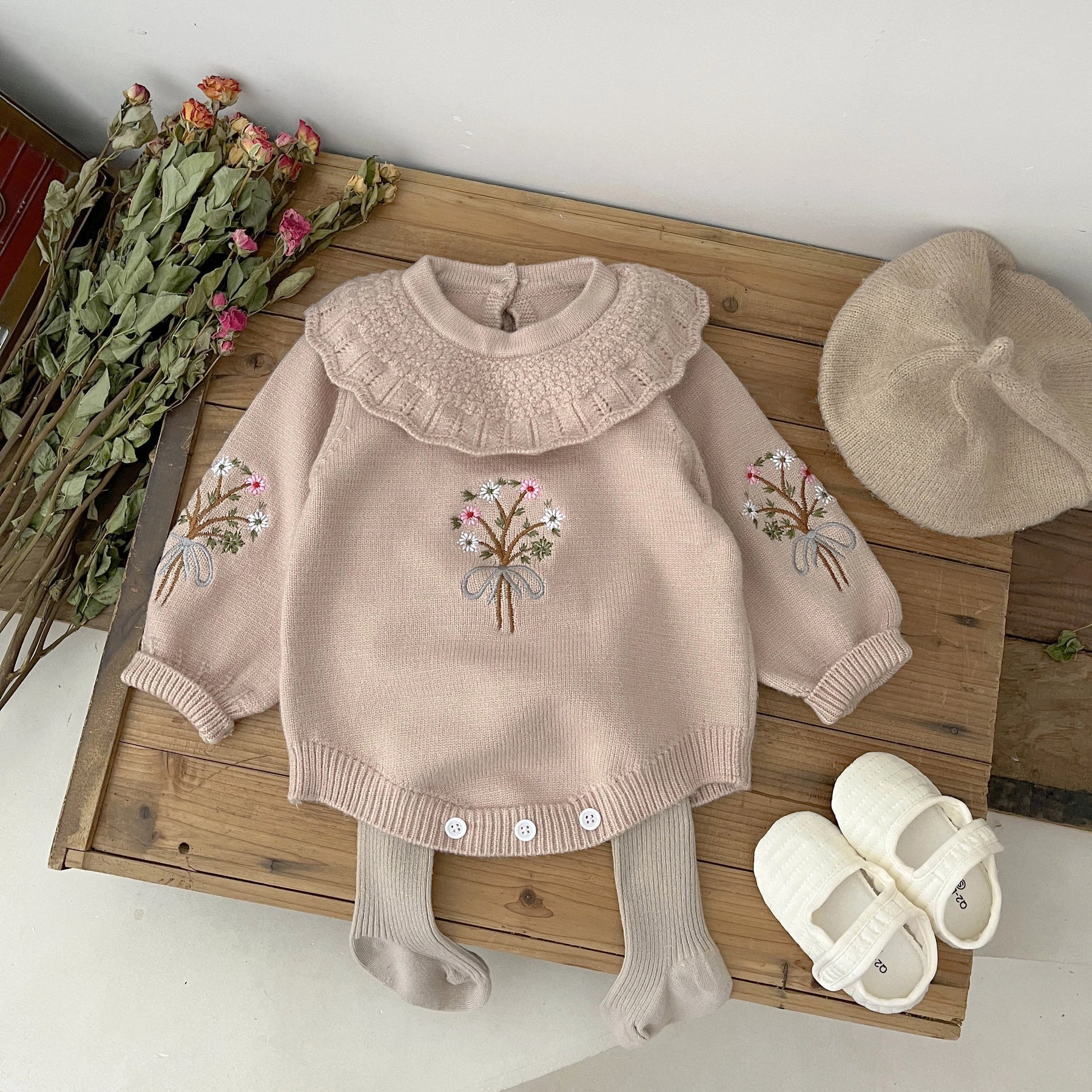 'Bouquet Embroidered' Knit Romper - Petite Cove 