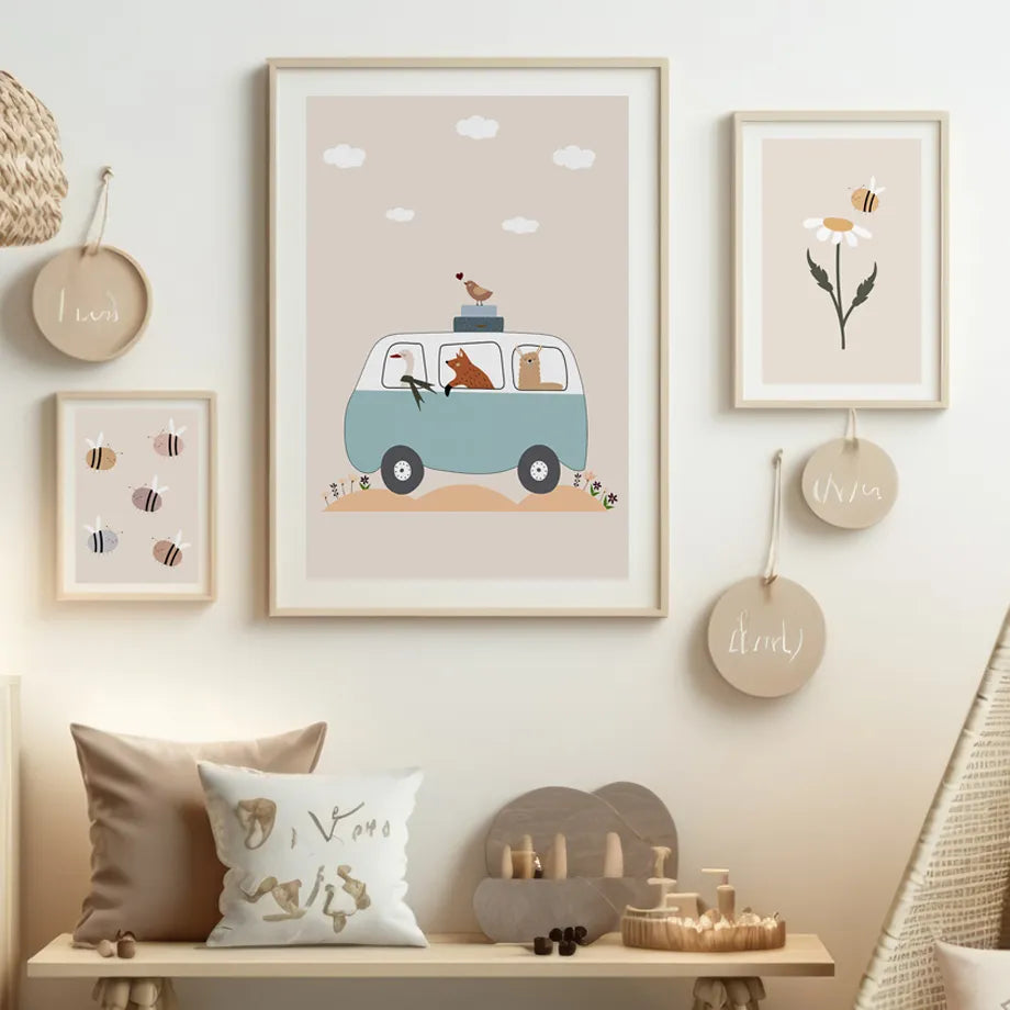 Boho-Chic Nursery Wall Art | 'Playful Pals': Duck, Squirrel & Friends Cartoon Canvas - Petite Cove 