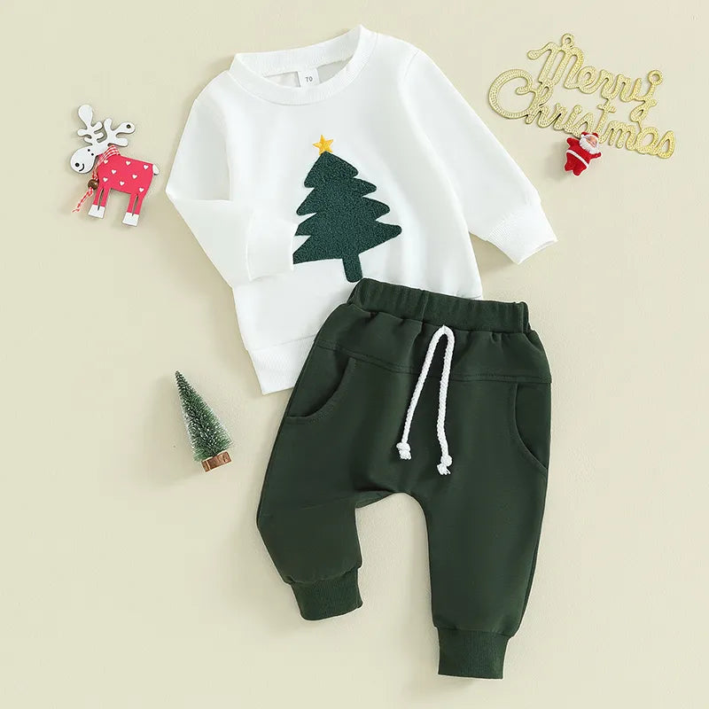 Christmas Tree Cozy Duo: Long Sleeve Sweatshirt and Pants Set - Petite Cove 