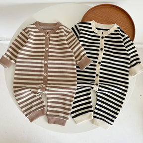 Striped Waffle Cotton Long Sleeve Romper - Petite Cove 