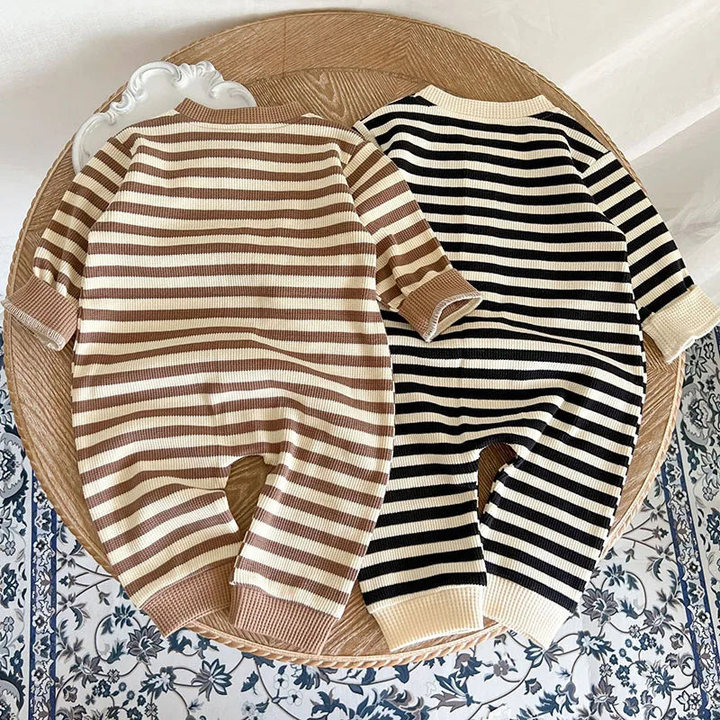 Striped Waffle Cotton Long Sleeve Romper - Petite Cove 