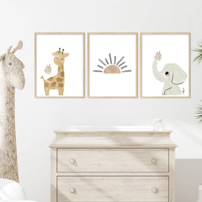 Boho-Chic Nursery Wall Art | Safari Sunrise: Animal & Rainbow Watercolor Prints - Petite Cove 