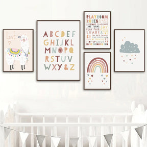 Boho-Chic Nursery Wall Art | 'Alpaca Skies': Alphabet & Rainbow Canvas Collection - Petite Cove 