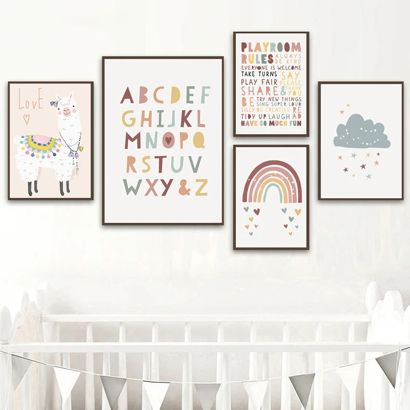 Boho-Chic Nursery Wall Art | 'Alpaca Skies': Alphabet & Rainbow Canvas Collection - Petite Cove 