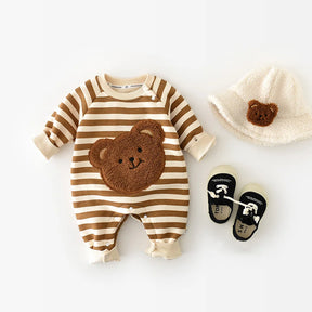 Bear Hug Romper: Warm, Striped Baby Jumpsuit with Thick Lining - Petite Cove 