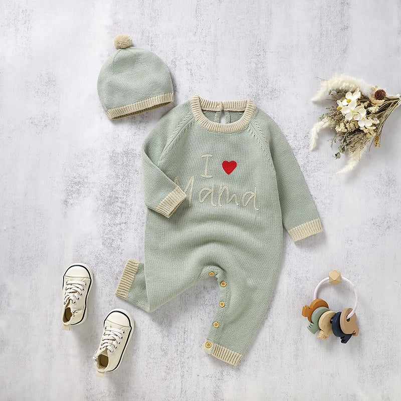 Petite Knit® I ♥ Mama Embroidered Romper & Beanie Set - Petite Cove 