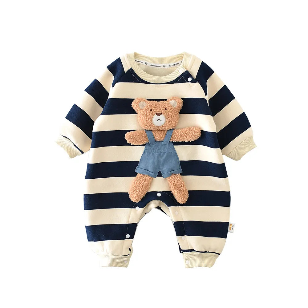 Bear Hug Romper: Warm, Striped Baby Jumpsuit with Thick Lining - Petite Cove 