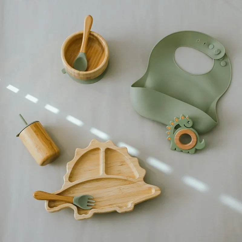 Dino Feast 7-Piece Bamboo Dinner Set: Eco-Friendly Baby Tableware - Petite Cove 