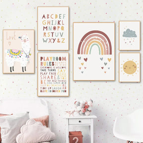 Boho-Chic Nursery Wall Art | 'Alpaca Skies': Alphabet & Rainbow Canvas Collection - Petite Cove 