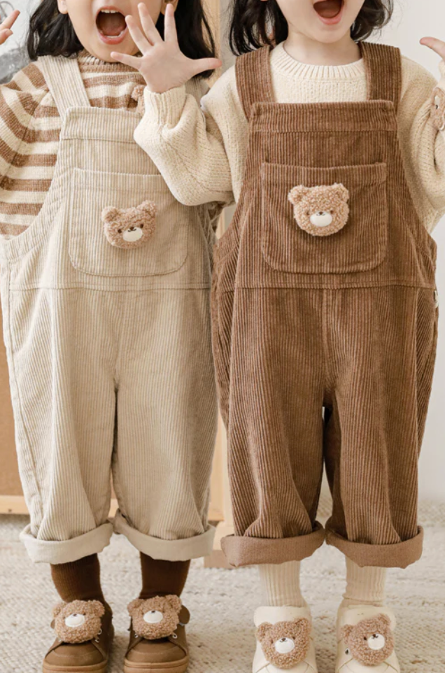 Petite Bear Corduroy Flap Pocket Front Overalls | Brown - Petite Cove 