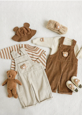 Petite Bear Corduroy Flap Pocket Front Overalls | Brown - Petite Cove 