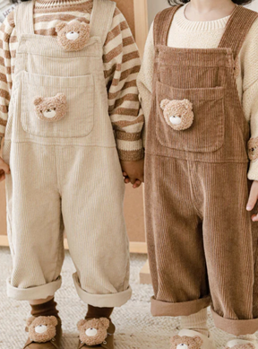 Petite Bear Corduroy Flap Pocket Front Overalls | Brown - Petite Cove 