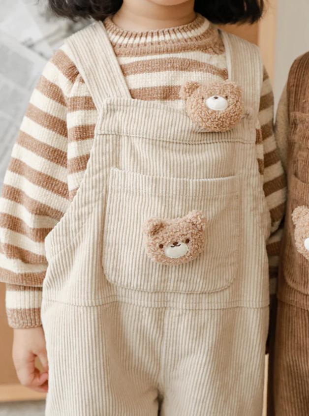 Petite Bear Corduroy Flap Pocket Front Overalls| Beige - Petite Cove 