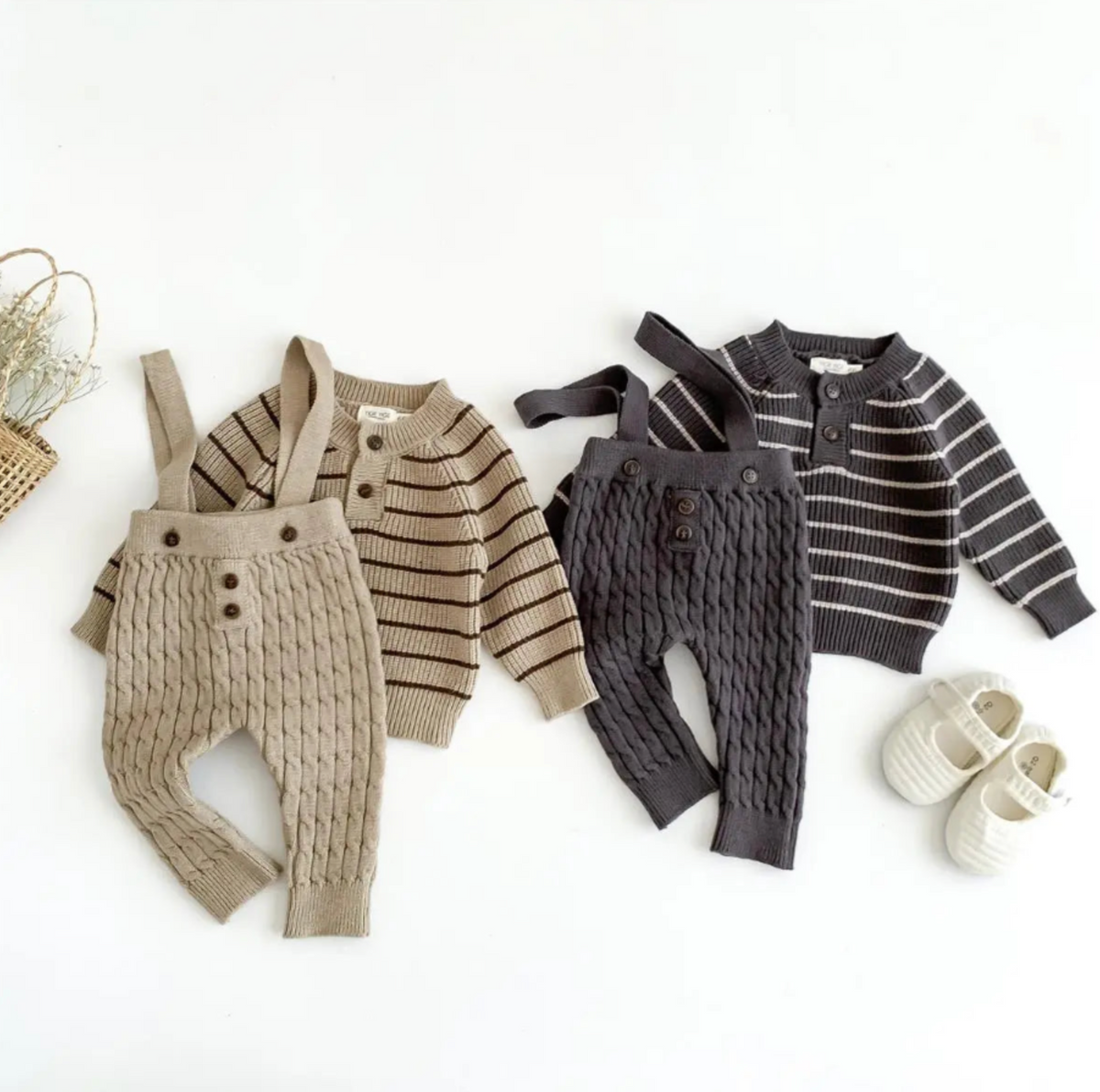 Petite Knit® Classic Stripes Sweater & Overalls Set - Petite Cove 