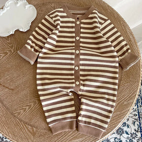 Striped Waffle Cotton Long Sleeve Romper - Petite Cove 