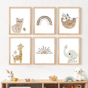 Boho-Chic Nursery Wall Art | Safari Sunrise: Animal & Rainbow Watercolor Prints - Petite Cove 