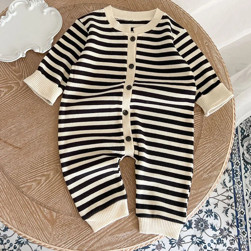 Striped Waffle Cotton Long Sleeve Romper - Petite Cove 