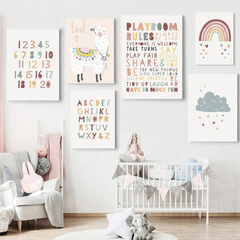 Boho-Chic Nursery Wall Art | 'Alpaca Skies': Alphabet & Rainbow Canvas Collection - Petite Cove 