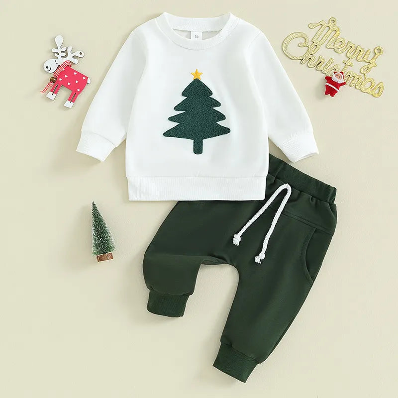 Christmas Tree Cozy Duo: Long Sleeve Sweatshirt and Pants Set - Petite Cove 