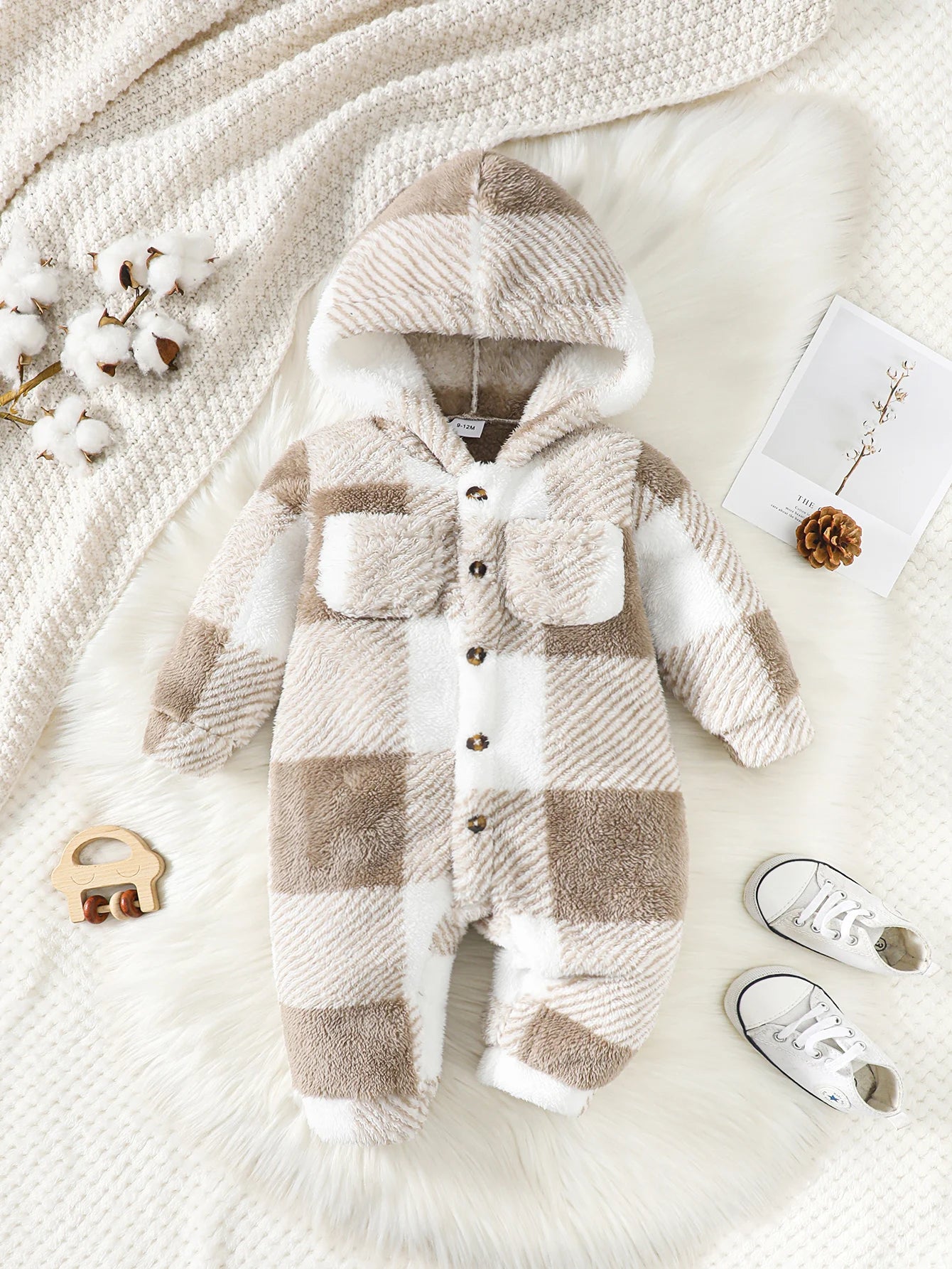 Little Checkers Plush Hoodie Romper - Petite Cove 